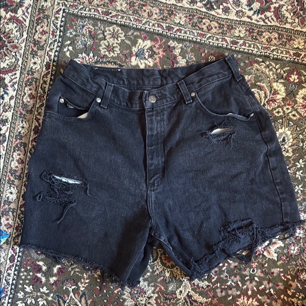 Vintage Lee Black Distressed Jean Shorts baggy mid thigh distressed